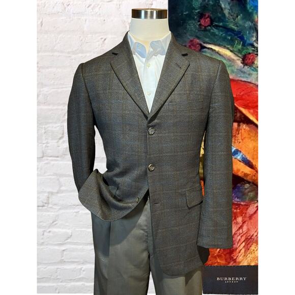 Burberry Other - Burberry London 40R Brown Burnt Orange Cobalt Flannel Plaid Blazer Sport Jacket